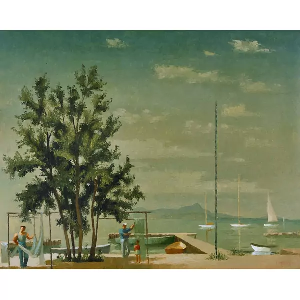 Sonnige Uferlandschaft mit Fischern und Netzen