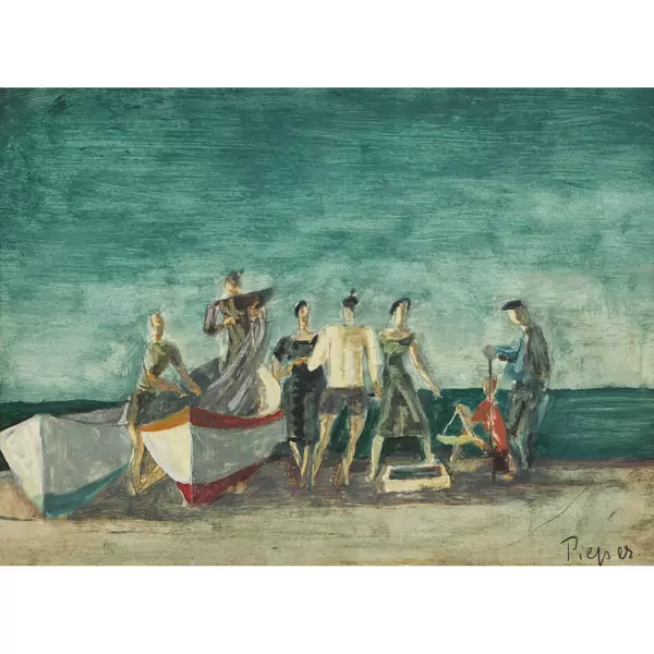 Fischer und Boote am Strand