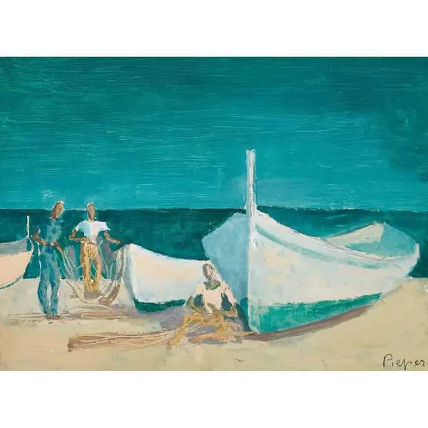 Fischer mit Booten am Strand