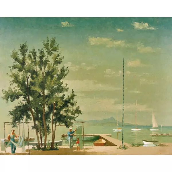 Sonnige Uferlandschaft mit Fischern und Netzen