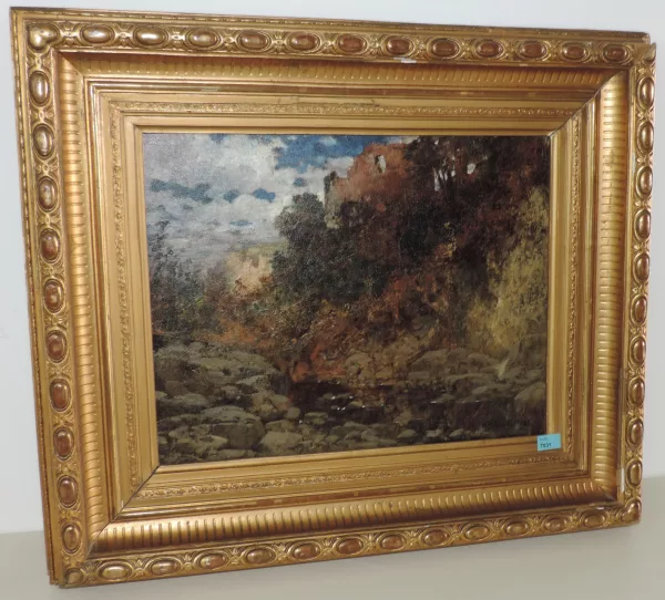 Hermann Rüdisühli — Herbstliche Landschaft mit Bachlauf und Burgruine, 1887