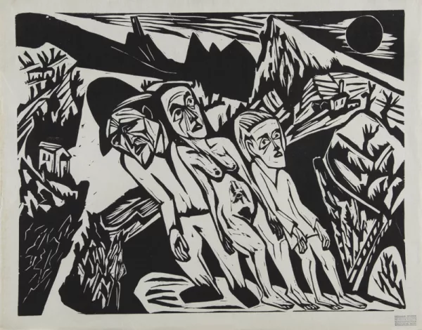 Hermann Scherer — 4 Blätter: Mann in Landschaft; 3 erschreckte Gestalten; Landschaft (2)