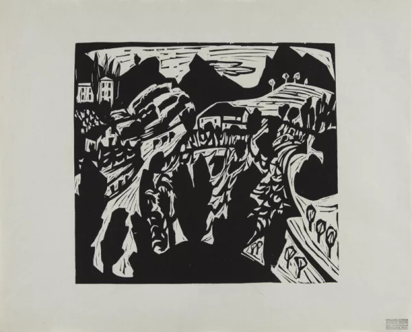 Hermann Scherer — 4 Blätter: Atelierfest; Tessinerlandschaft; Der Mann, der die Stadt durchstreift; Akt