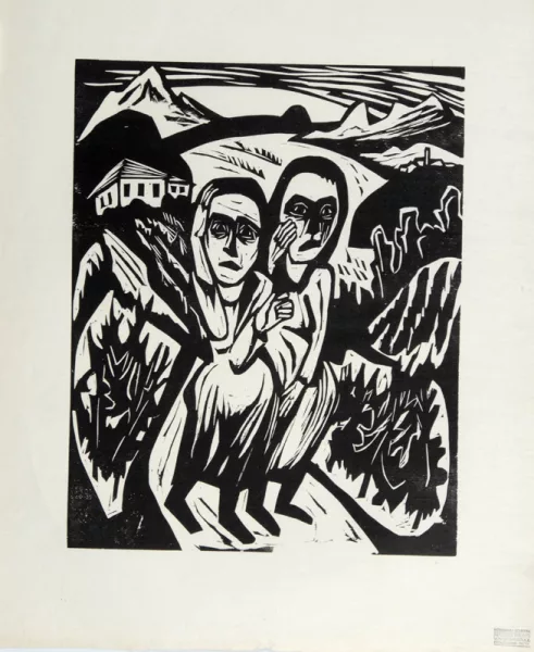 Hermann Scherer — 2 Blätter: Selbstbildnis Hermann Scherer; Zwei Frauen in Landschaft