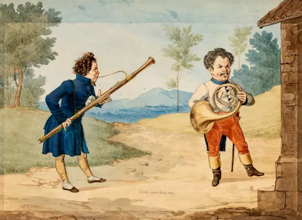 Zwei Musikanten vor Landschaft. 1828
