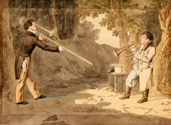 Zwei Blasmusiker in einer Waldlichtung. 1828
