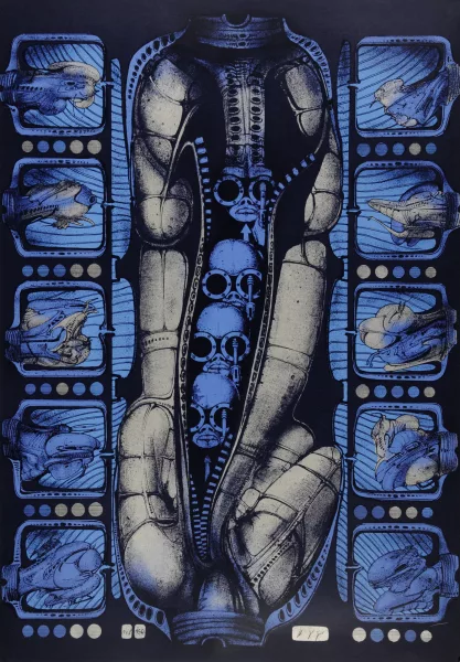 H. R. Giger — 2 Blätter: A Rhesus Positiv, 1970; Biomechanoid, 1970