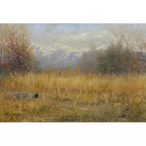 Herbstlandschaft mit Pointer auf der Jagd