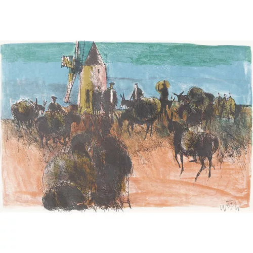 Hugo Wetli — Bepackte Esel bei Windmühle.