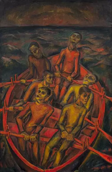 EPPER, IGNAZ — Überfahrt mit Selbstbildnis (Crossing ,with self-portrait). Circa 1920. — Koller Auktionen