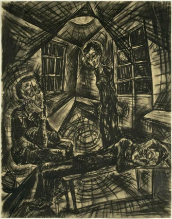 Drei Personen in einer Hütte, 1916–18