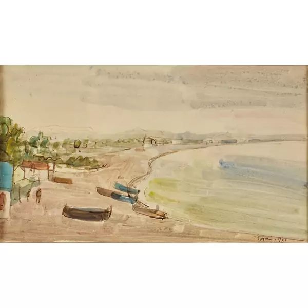Weiter Strand mit Booten