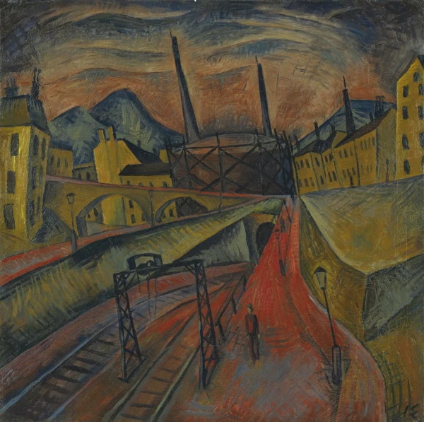 Ignaz Epper — STADTLANDSCHAFT MIT BAHNGELEISEN UND SCHORNSTEINENURBAN LANDSCAPE WITH TRACKS AND STACKS