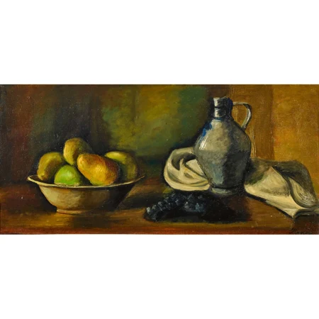 Stillleben mit Obstschale und Steinzeugkrug