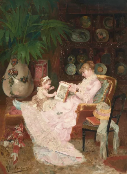 José Miralles-Darmanin — Mère et enfant lisant dans le salon