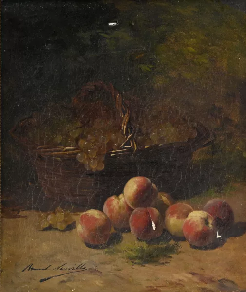 Alfred-Arthur Brunel de Neuville — Natura morta con pesche e uva
