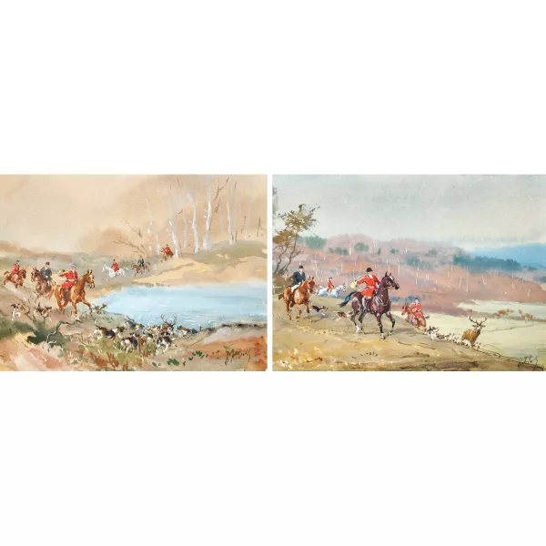 Karl Reille — Deux scènes de chasse au cerf (pendants)