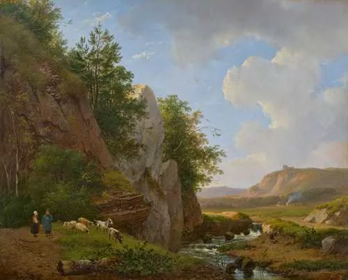 Andreas Schelfhout — Original title: View into a valley with a shepherd and his flock.