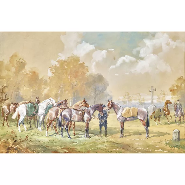 Karl Reille — Chevaux au repos près d’une croix de chemin