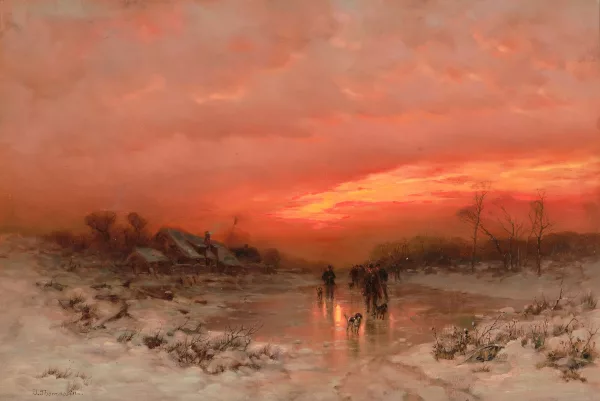 Desire Thomassin — Gruppo di cacciatori in un paesaggio invernale al mattino