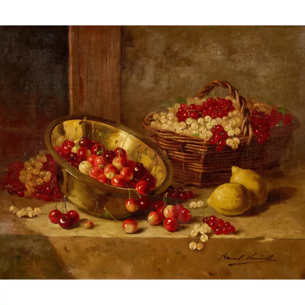 Alfred-Arthur Brunel de Neuville — Natura morta con ciliegie, ribes e limoni.