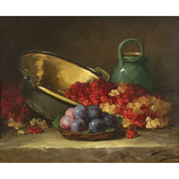 Alfred-Arthur Brunel de Neuville — Attribuito ad ALFRED ARTHUR BRUNEL DE NEUVILLE — Natura morta con ribes, ciotola d'ottone e boccale con manico.