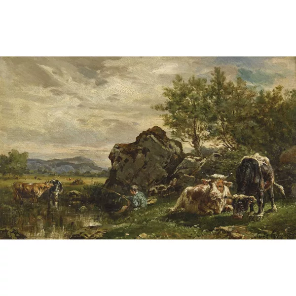 Louis Guy — Landschaftspartie mit Angler und Rindern.