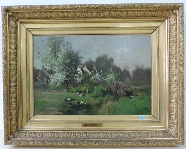 Alexandre Defaux — Enten am Teich, im Hintergrund Bauernhäuser