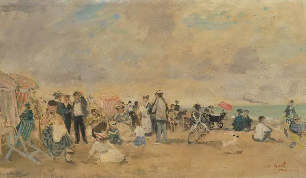 François Gall — Eugénie brodant, assise auprès de ses enfants, plage de Trouville