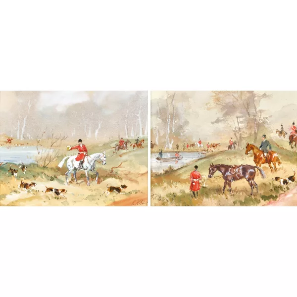 Karl Reille — Deux scènes de battue au bord du lac (pendants)