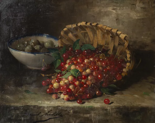 Alfred-Arthur Brunel de Neuville — Natura morta con ciliegie e prugne