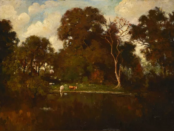 Charles-François Daubigny — Paesaggio boschivo con mucche presso un lago