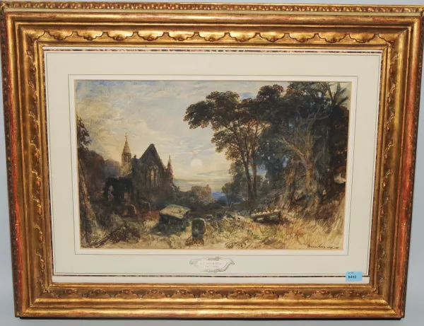 Charles-François Daubigny — Altura con chiesa in un paesaggio alberato al tramonto