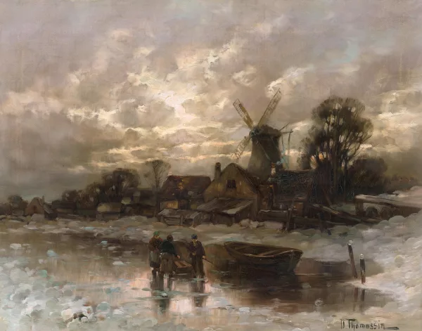 Desire Thomassin — Paesaggio invernale olandese con canale ghiacciato