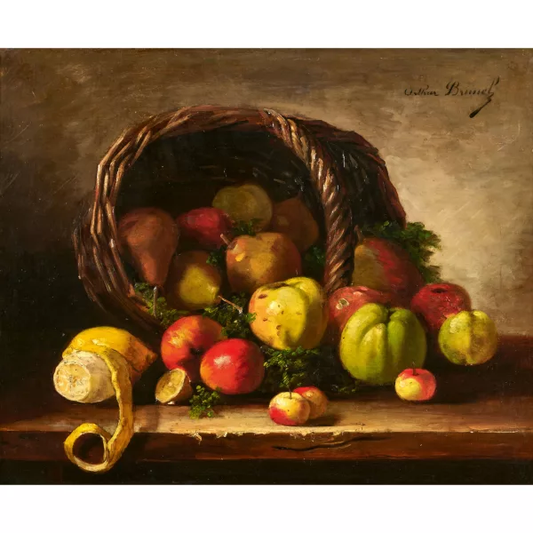 Alfred-Arthur Brunel de Neuville — Natura morta con cesto di frutta.