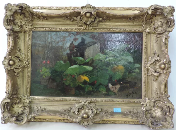Alexandre Defaux — Gartenansicht mit Hühnern und Kürbissen