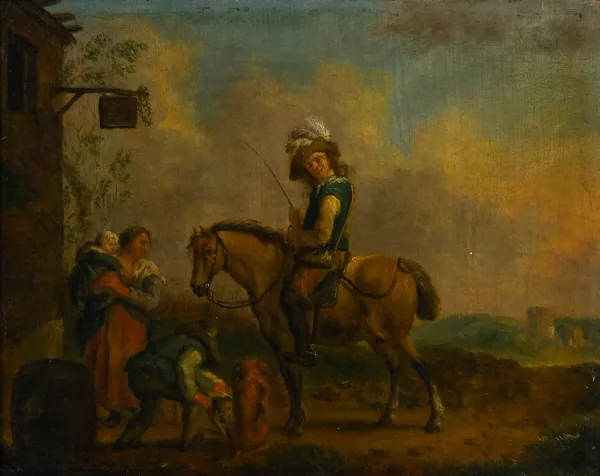 Philips Wouwerman — Suiveur de Philips Wouwerman — Cavalier dans un village,
