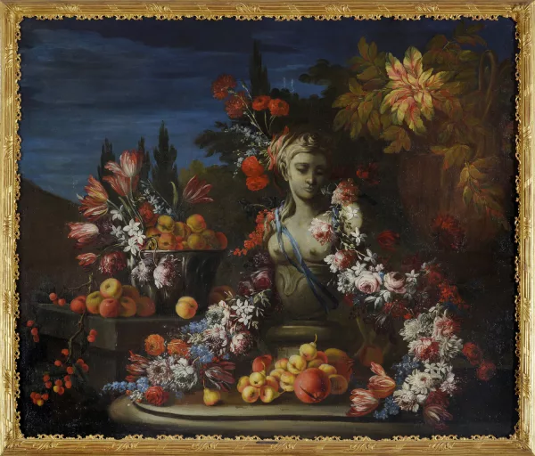 Gasparo Lopez — Nature morte aux fleurs, fruits et buste