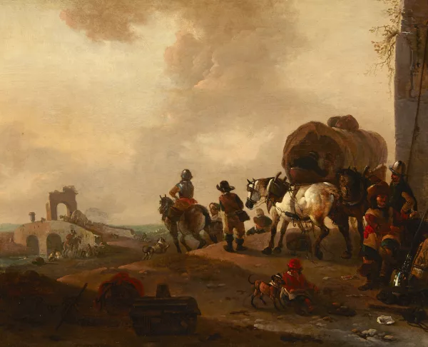 Philips Wouwerman — Volk mit Pferd und Wagen vor Brücke