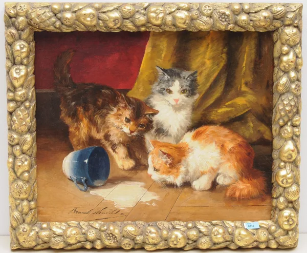 Alfred-Arthur Brunel de Neuville — Drei Katzen mit einer Tasse Milch spielend