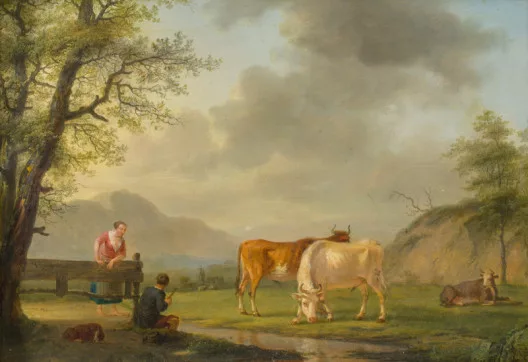 Petrus van Regemorter — Bauern und Kühe in weiter Landschaft, 1779