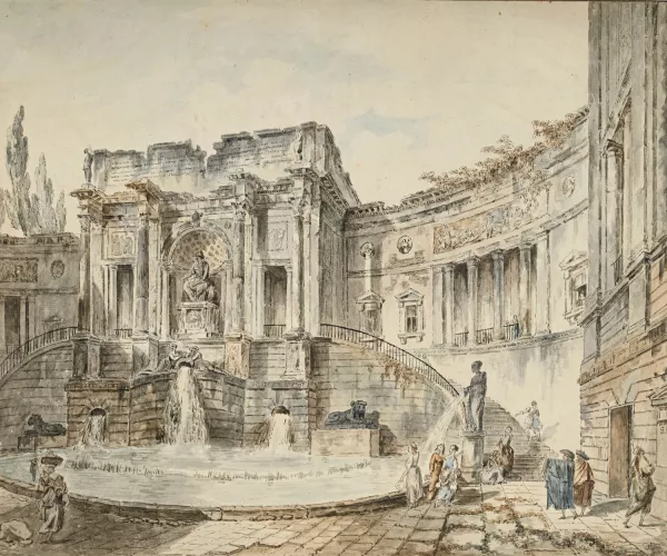 Hubert Robert — Entourage de Hubert Robert — Capriccio architectural avec fontaine,