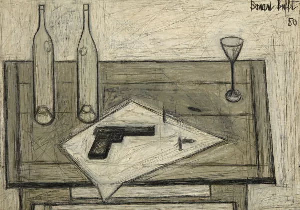 Bernard Buffet — Deux bouteilles et pistolet, 1950