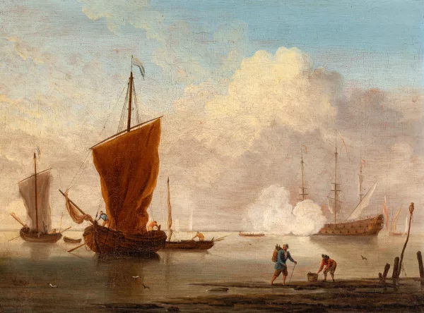 Willem Van de Velde le Jeune — Atelier de Velde Willem II van de — Englisches Fischerboot am Ufer und ein verankertes Schiff, einen Salut feuernd