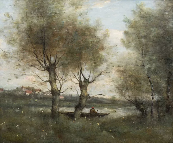 Paul Désiré Trouillebert — Bord de rivière avec barque et pêcheur