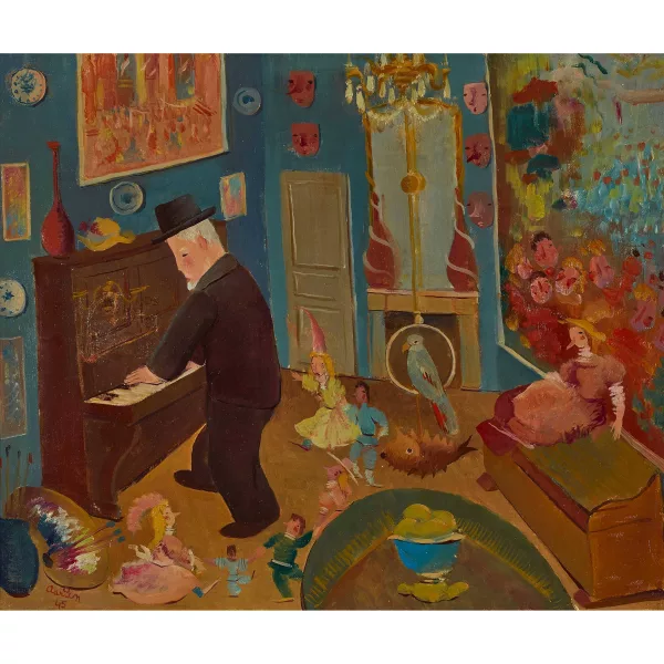 Adrien Dekeyser — Interieur mit Klavierspieler, Malerpalette und Papagei.
