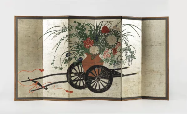 Paravent à six feuilles, Japon, époque Meiji — Gouache sur papier à décor d'un vase de fleurs sur une charrette