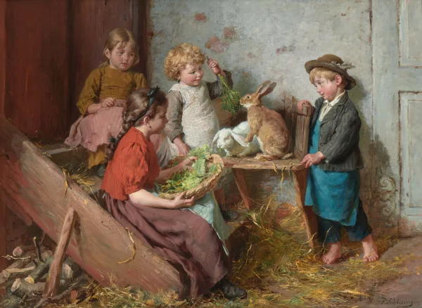 Felix Schleisinger — Kleine Kinder, einen Hasen und ein Kaninchen fütternd