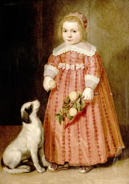 Jacob Gerritszon Cuyp — Attribué à Jacob Gerritszon Cuyp — Portrait de fillette au chien et pêches,