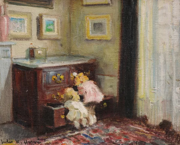 Jules-René Hervé — Zwei neugierige, kleine Mädchen in einer Schublade kramend